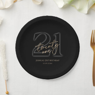 Modern Black Gold 21st Birthday Party Paper Plates