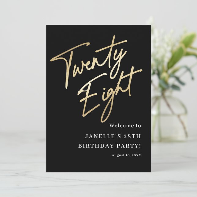 Modern Black Gold 28th Birthday Party Welcome Invitation (Standing Front)