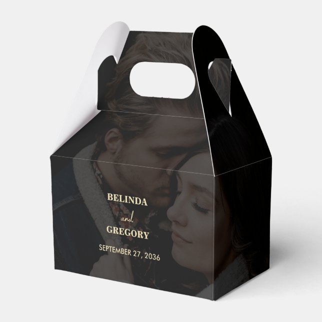 Modern Black Gold 2 Photo Overlay Wedding Favor Boxes (Front Side)