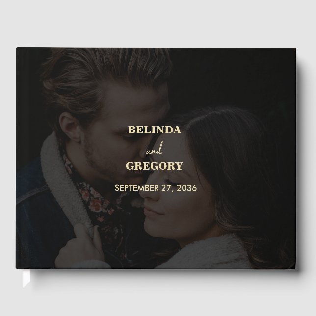 Modern Black Gold 2 Photo Overlay Wedding Guest Book (Front)