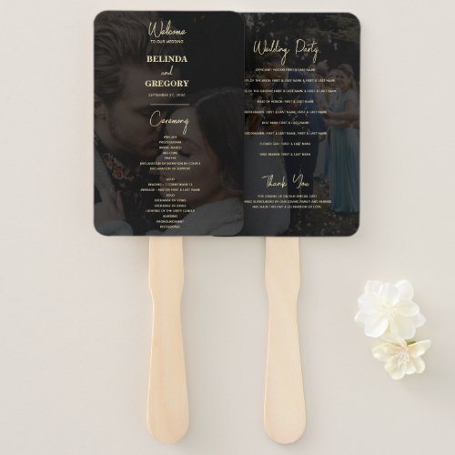 Modern Black Gold 2 Photo Overlay Wedding Program  Hand Fan