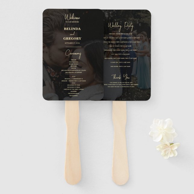 Modern Black Gold 2 Photo Overlay Wedding Program  Hand Fan (Front and Back)