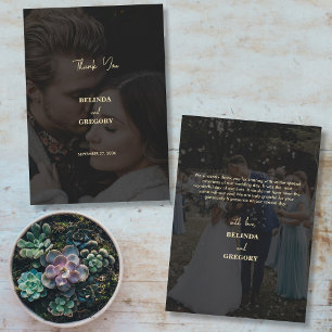 Modern Black Gold 2 Photo Overlay Wedding Thank You Card