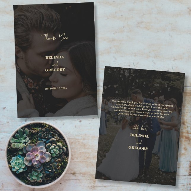 Modern Black Gold 2 Photo Overlay Wedding Thank You Card (Modern Black Gold 2 Photo Overlay Wedding Thank You Card)