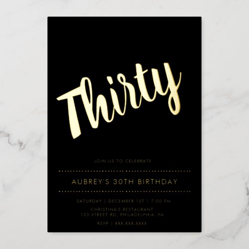 Modern Black Gold 30th Birthday Foil Invitation