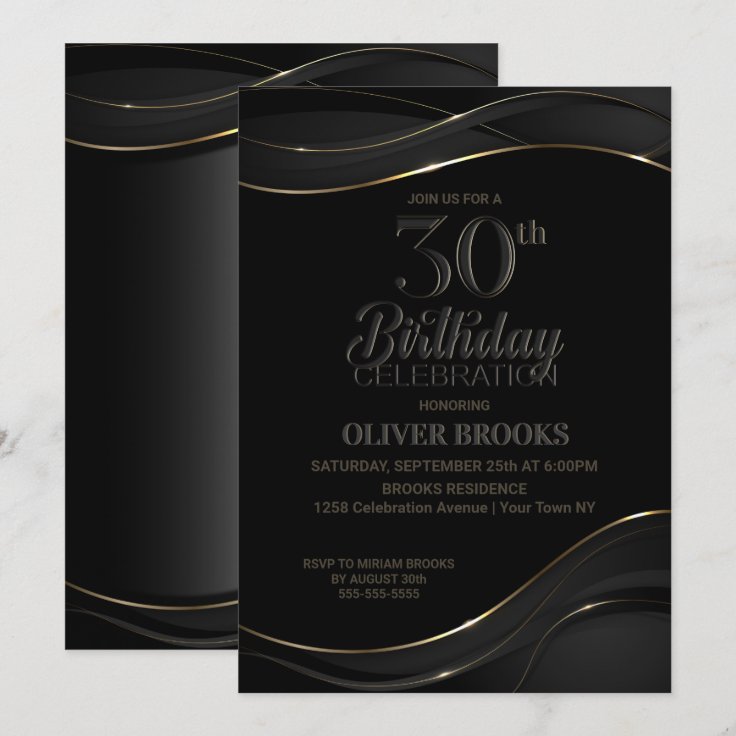 Modern Black Gold 30th Birthday Party Invitation | Zazzle