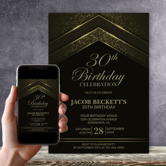 Modern Black Gold 30th Birthday Party Invitation (Creator Uploaded)
