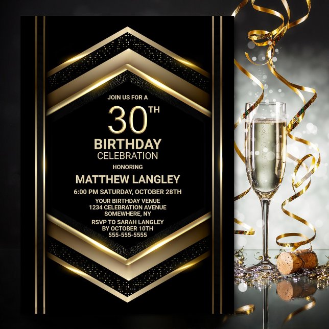 Modern Black Gold 30th Birthday Party Invitation (Creator Uploaded)