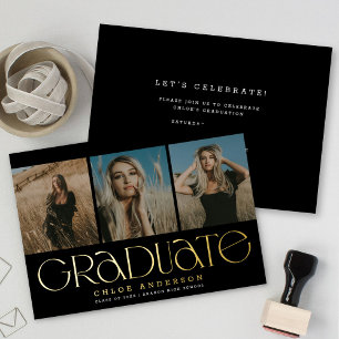 Modern Black Gold 3 Photo Graduation Announcement 