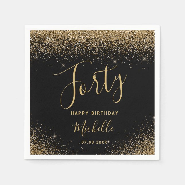Modern Black Gold 40th Birthday Glitter Script Napkins (Front)