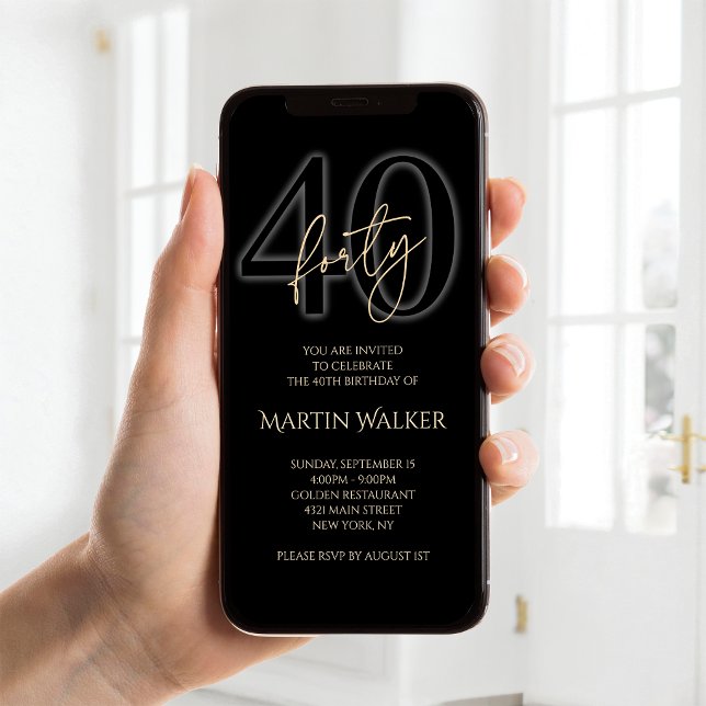 Modern Black Gold 40th Birthday Mobile Invite (Modern Black Gold 40th Birthday Mobile Invite)