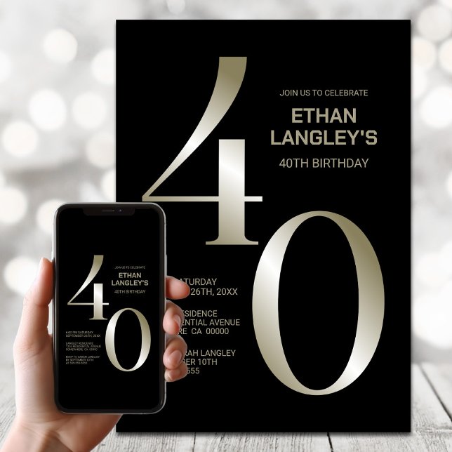 Modern Black Gold 40th Birthday Party Invitation (Creator Uploaded)