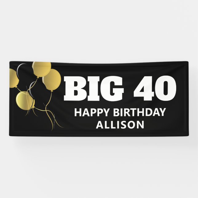 Modern Black Gold 40th Birthday Party Personalized Banner (Horizontal)