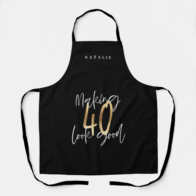 Modern black gold 40th birthday script typography apron (Front)