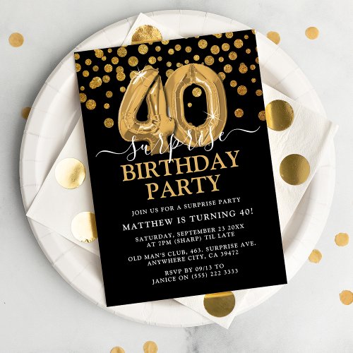 Modern Black  Gold 40th Surprise Birthday Party Invitation