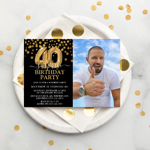 Modern Black & Gold 40th Surprise Birthday Photo Invitation