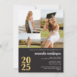 Modern Black Gold 4 Photo Graduation Announcement