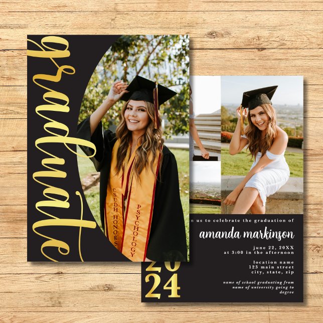Modern Black Gold 4 Photo Graduation Announcement (Creator Uploaded)