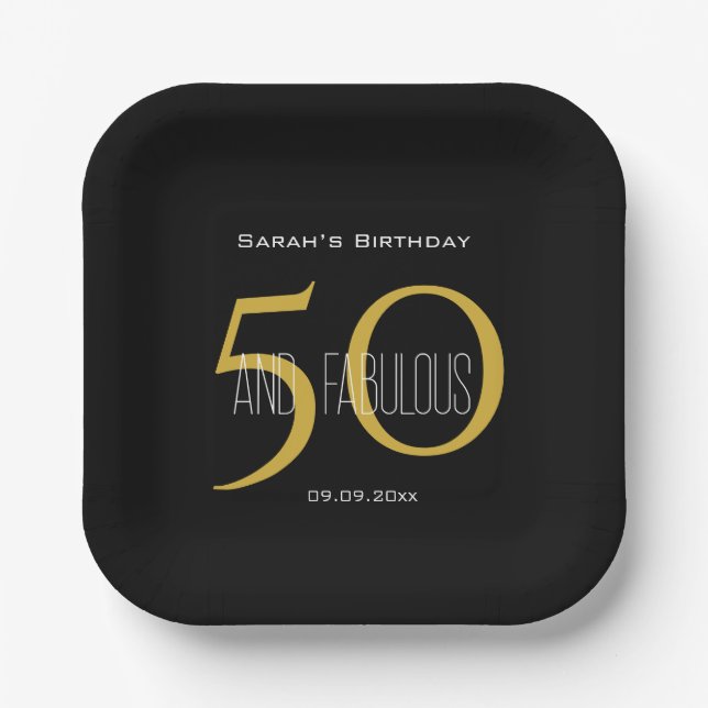Modern Black & Gold 50 & Fabulous Birthday Party Paper Plates (Front)
