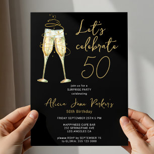 Modern black gold 50th birthday party invitation