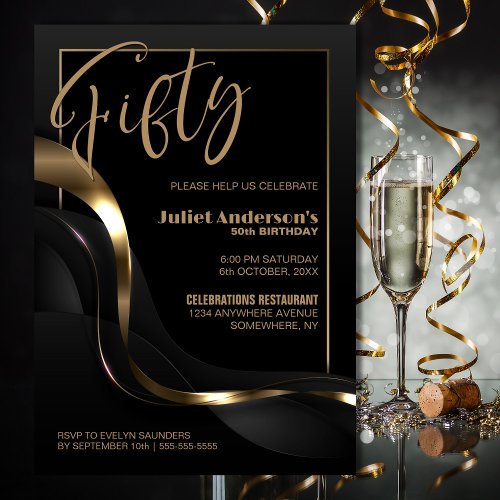 Modern Black Gold 50th Birthday Party Invitation