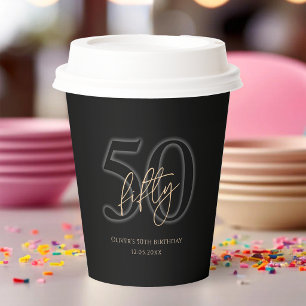 Modern Black Gold 50th Birthday Party Paper Cups