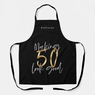 Modern black gold 50th birthday typography stylish apron