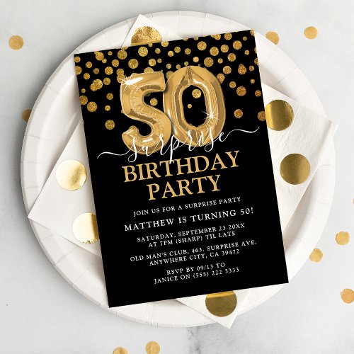 Modern Black  Gold 50th Surprise Birthday Party Invitation