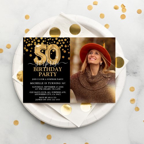 Modern Black  Gold 50th Surprise Birthday Photo Invitation