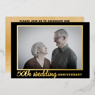 Modern Black & Gold 50th Wedding Anniversary Foil Invitation