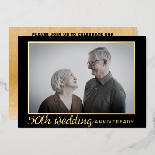 Modern Black  Gold 50th Wedding Anniversary Foil Invitation