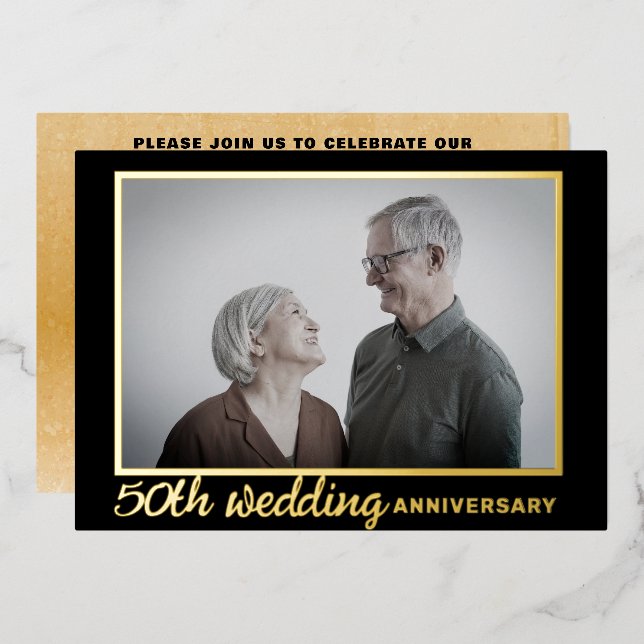 Modern Black & Gold 50th Wedding Anniversary Foil Invitation (Front/Back)