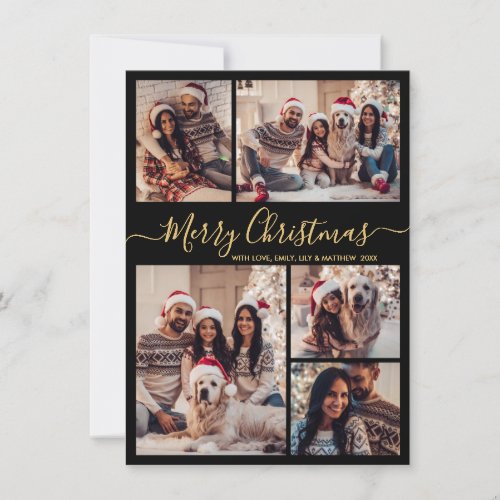 Modern Black Gold 5 Photo Collage Christmas Card