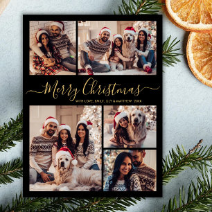 Modern Black Gold 5 Photo Collage Christmas Card