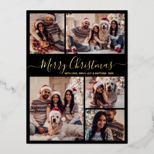 Modern Black Gold 5 photo Collage Christmas Foil Holiday Postcard