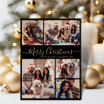 Modern Black Gold 5 Photo Collage Christmas  Holiday Card<br><div class="desc">Modern Elegant Calligraphy Black and Gold 5 Photo Collage Merry Christmas Script Holiday Card. This festive simple minimalist whimsical five (5) photo holiday greeting card template features a pretty grid photo collage and says „Merry Christmas”! The „Merry Christmas” greeting text is written in a beautiful hand lettered swirly swash-tail font...</div>