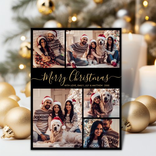 Modern Black Gold 5 Photo Collage Christmas  Holiday Card