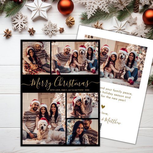 Modern Black Gold 5 Photo Collage Christmas  Holiday Card