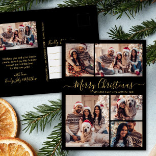 Modern Black Gold 5 photo Collage Christmas Postcard