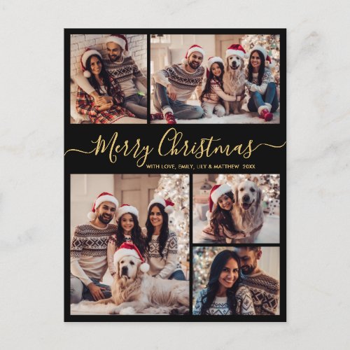 Modern Black Gold 5 photo Collage Christmas  Postcard