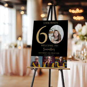Modern Black gold 60th Birthday 4 Photo Welcome Foam Board