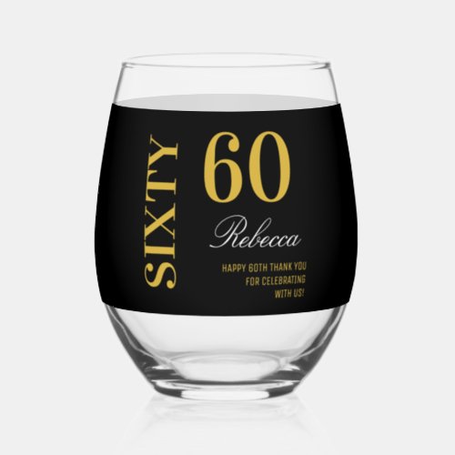 Modern Black  Gold 60th Birthday Cocktail Party  Stemless Wine Glass