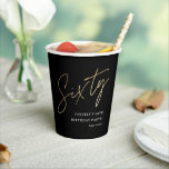 Modern Black Gold 60th Birthday Party Beverage Paper Cups<br><div class="desc">Modern Black Gold 60th Birthday Party Beverage Paper Cups features stylish faux gold foil number handwritten script Sixty and your party details in classic serif font on black background color, simple and elegant, great surprise adult milestone birthday decor for men and women. the black background color can be changed to...</div>