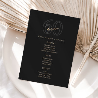 Modern Black Gold 60th Birthday Party Menu Card