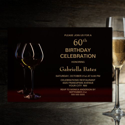 Modern Black Gold 60th Birthday Wine Glass Party Invitation