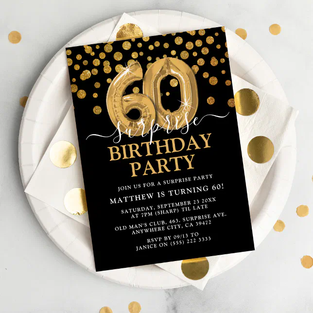 Modern Black & Gold 60th Surprise Birthday Party Invitation | Zazzle