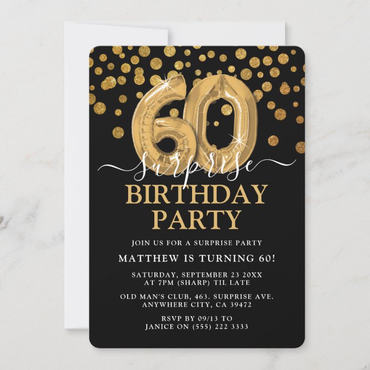 Modern Black & Gold 60th Surprise Birthday Party Invitation | Zazzle