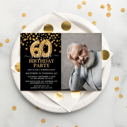 Modern Black  Gold 60th Surprise Birthday Photo Invitation
