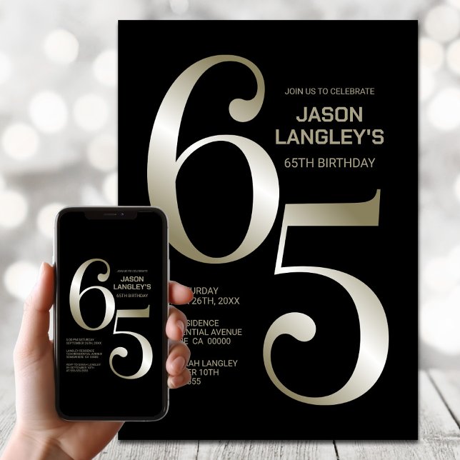 Modern Black Gold 65th Birthday Party Invitation (Creator Uploaded)
