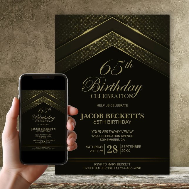 Modern Black Gold 65th Birthday Party Invitation (Creator Uploaded)
